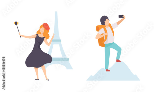 Young Man and Woman Taking Selfie with Smartphone Camera Vector Set