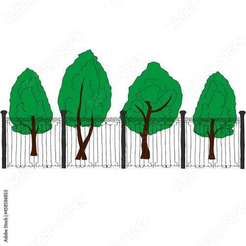 Outline hand drawing vector illustration of a group of green maple trees and a metal fence isolated on a white background