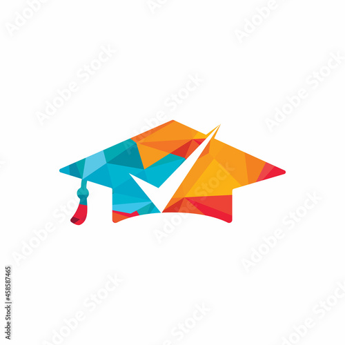 Graduation hat and check mark icon and logo design. Educational and institutional vector logo design template.