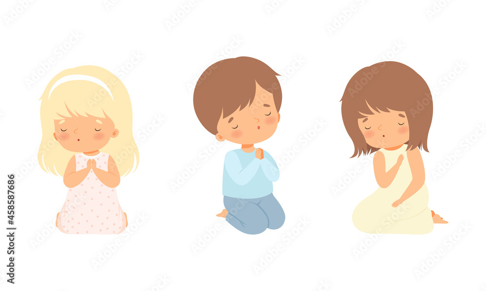 Little Kid Kneeling and Praying with Folded Hands Vector Set Little Kid Kneeling and Praying with Folded Hands Vector Set