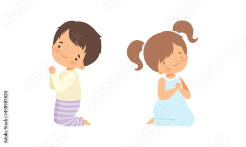 Little Kid Kneeling and Praying with Folded Hands Vector Set
