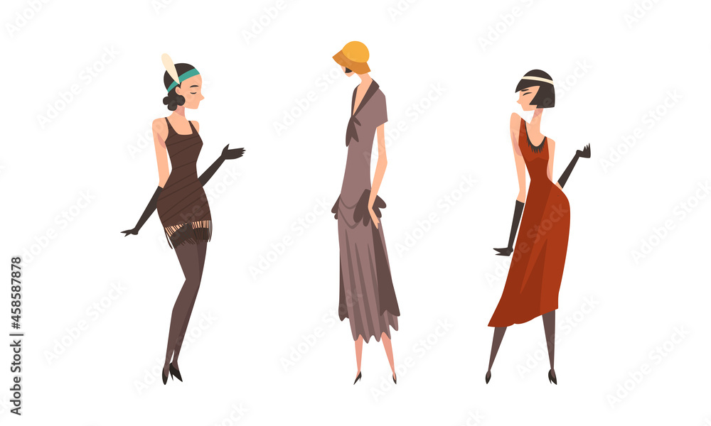 Young Female Wearing Garment from Twenties Vector Set Young Female Wearing Garment from Twenties Vector Set