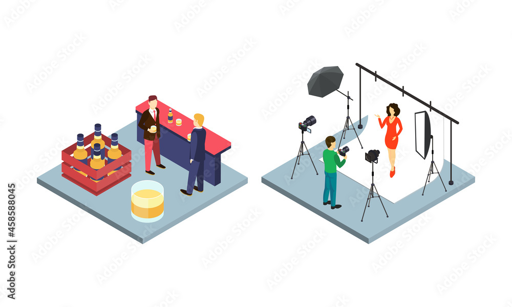 Photographer Shooting Model in Studio with Camera and Male Friends at Bar Drinking Alcohol Isometric Vector Set