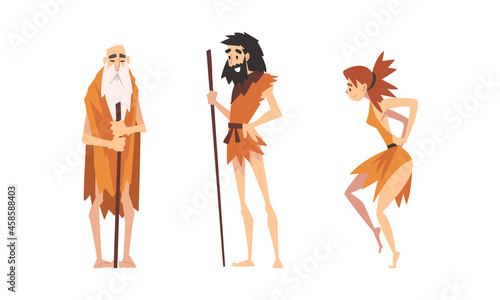 Primitive Man and Woman Character from Stone Age Wearing Animal Skin Vector Set