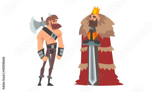 Medieval Warrior with Hatchet and King in Mantle with Crown on His Head Vector Set