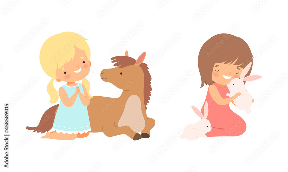 Cute Little Girl Interacting with Animal in Petting Zoo Vector Set Cute Little Girl Interacting with Animal in Petting Zoo Vector Set