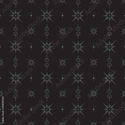 Vector seamless dark mystical pattern with magic stars and moons. Black geometric esoteric boho background with crescents for wrapping paper, packaging, fabric and wallpaper
