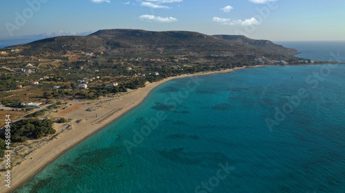 Aerial drone photo of not so famous paradise sandy beach of Limnitsa in island of Elafonisos, Peloponnese, Greece © aerial-drone