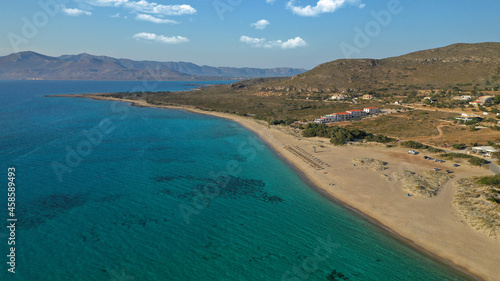 Aerial drone photo of not so famous paradise sandy beach of Limnitsa in island of Elafonisos, Peloponnese, Greece