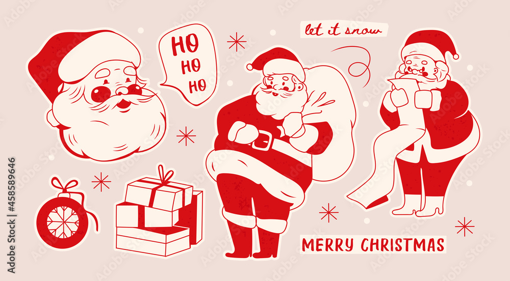 Εκτύπωση καμβά Cheerful Santa Claus character with gift bag, long list and Present box