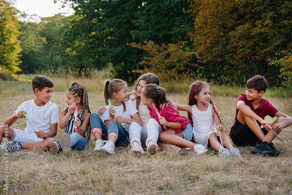 A large group of cheerful children sit on the grass in the Park and smile. Games in a children's camp A large group of cheerful children sit on the grass in the Park and smile. Games in a children's camp