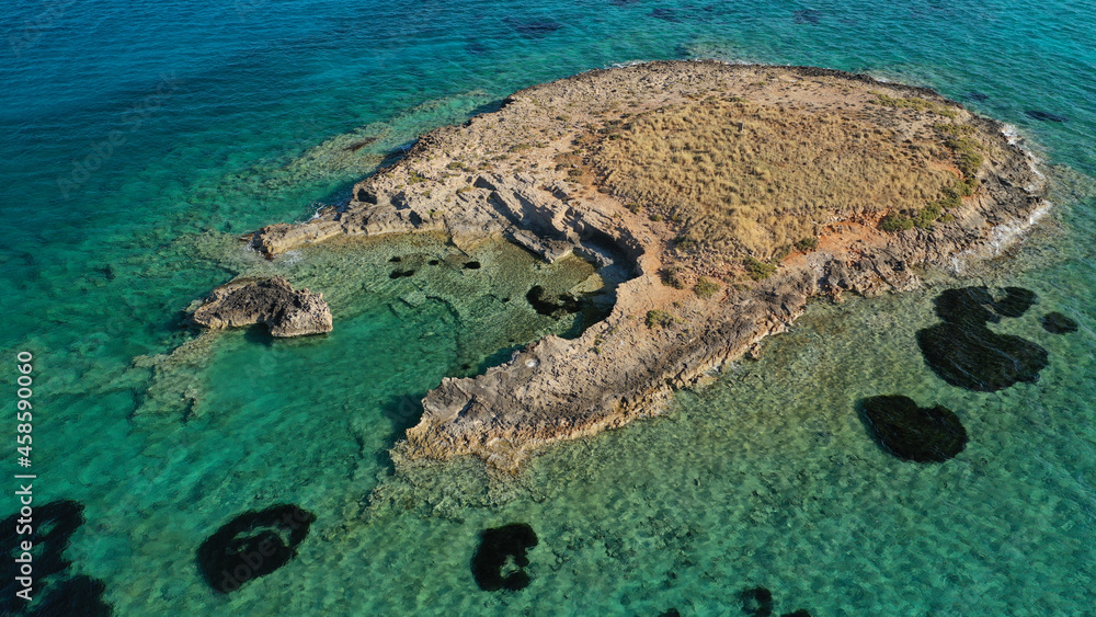 Aerial drone photo of prehistoric settlement of Pavlopetri a sunken city and archaeological site just below surface near popular Pounta beach and Elafonisos island, Peloponnese, Greece