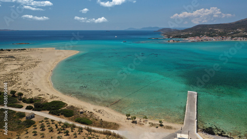 Fototapeta Naklejka Na Ścianę i Meble -  Aerial drone photo of paradise sandy bay and beach of Pounta next to popular island of Elafonisos, Peloponnese, Greece