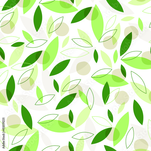 Pattern seamless vector. Leaf, leaves, floral theme, botanical. Tropical, nature, green and pastel colors. Spring and summer print. Backdrop, background. Repeat, tiled.