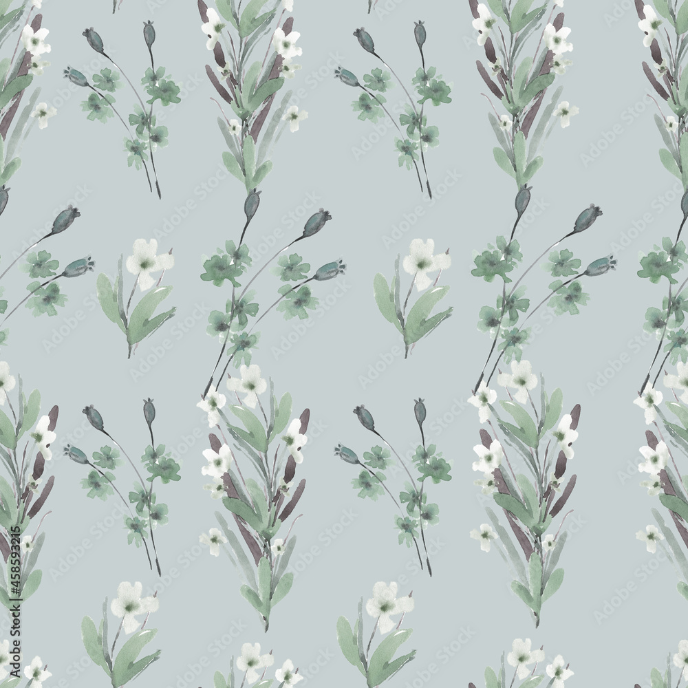 Obraz premium watercolor illustration seamless pattern ,botanical print of wild watercolor flowers on light background,for wallpaper,fabric or furniture