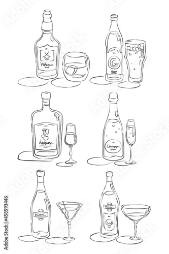 Bottle and glass whiskey, beer, liquor, champagne, martini, vermouth together in hand drawn style. Restaurant beverage outline icon. Line art sketch. Black contour object on white background