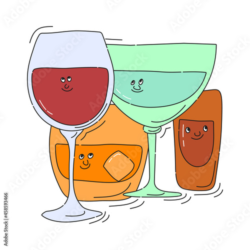 Red wine whiskey vermouth rum glassware with smile face on white background. Cartoon sketch. Doodle style with black contour line. Cute hand drawn glass. Party drinks concept. Kawaii freehand.