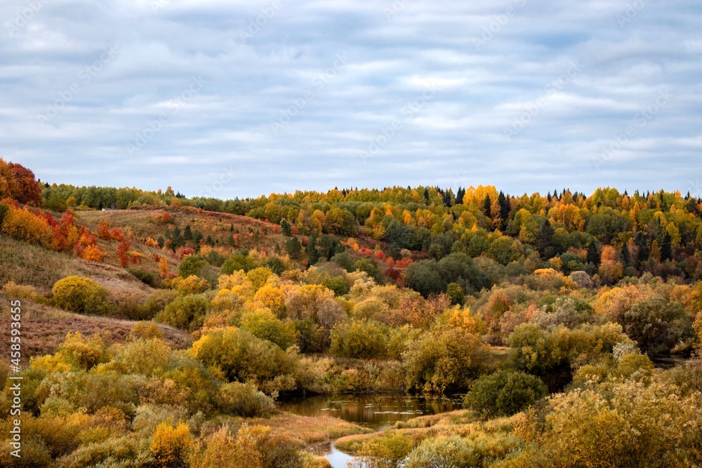 View of the hill overgrown with forest with autumn color of leaves. View of the hill overgrown with forest with autumn color of leaves.