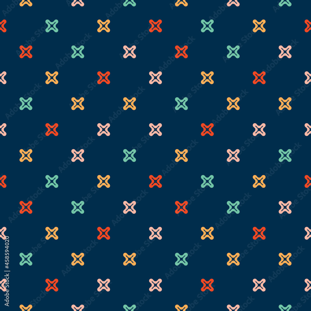 Seamless funny and trendy pattern. Vector illustration with colorful small crosses, plus signs. The background is used for the design of clothes, wallpapers, textiles, packaging, paper, postcards.