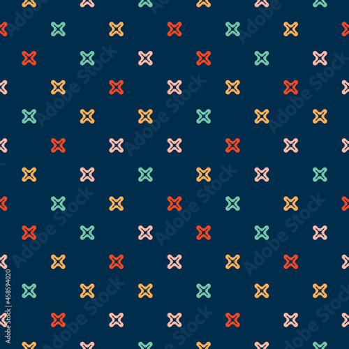 Seamless funny and trendy pattern. Vector illustration with colorful small crosses, plus signs. The background is used for the design of clothes, wallpapers, textiles, packaging, paper, postcards.