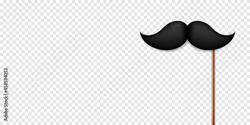Realistic black mustache on a wooden stick. Fake paper mustache isolated on transparent background. Fashionable facial hair. Vintage design element. Creative vector illustration.