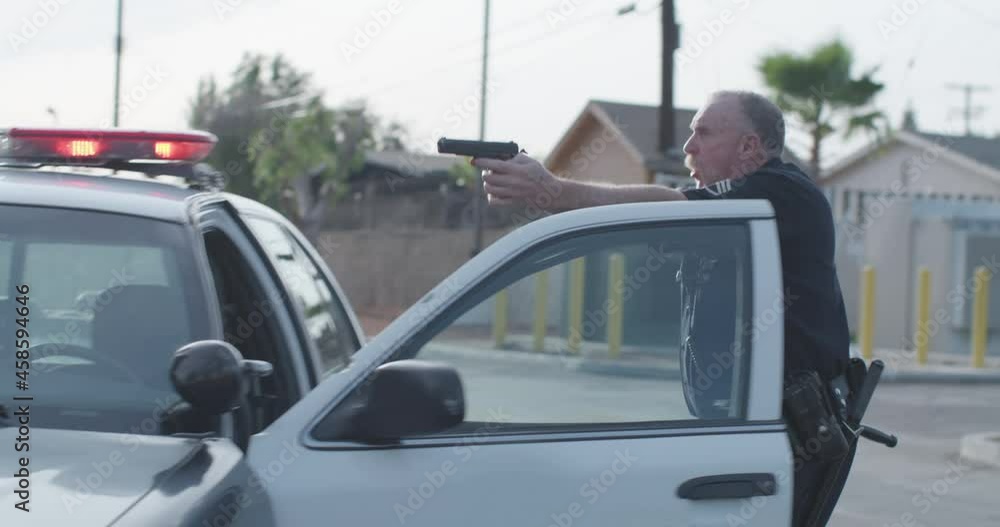Police Officer Draws Gun On Suspect, Cop Jumps Out Of Police Car To Point Weapon At Perp, LAPD Police Officer Draws Gun On Suspect, Cop Jumps Out Of Police Car To Point Weapon At Perp, LAPD