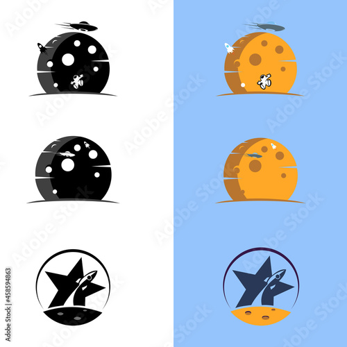 rocket logo design template.Rocket takes off from the surface of the moon or another planet.