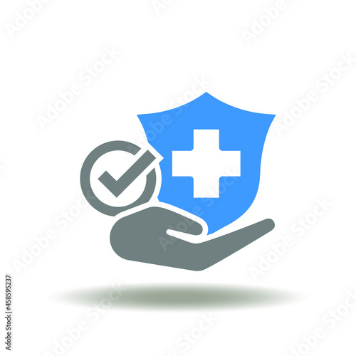 Vector illustration of hand hold shield with medical cross and check mark. Symbol of health safety. Icon of insurance.