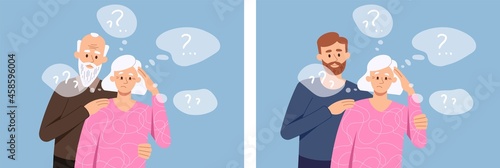 Set with elderly female characters with dementia needs help on blue background. Concept of mature couple supporting each other in the fight with amnesia. Memory loss. Flat cartoon vector illustration