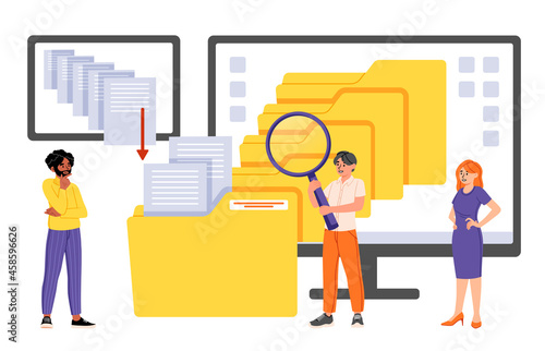 Male and female office employees are searching and indexing files on computer on white background. Monitor display with yellow folders, documents and media content. Flat cartoon vector illustration