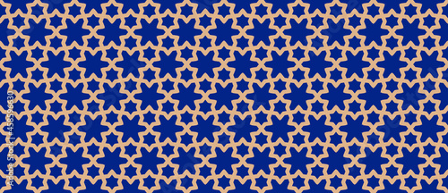 Vector abstract geometric seamless pattern. Traditional Islamic ornament with lines, elegant lattice, mesh, grid, floral shapes, stars. Ornamental background. Blue and gold color. Repeat geo design