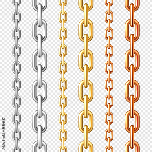 Realistic seamless golden, silver and bronze chains on checkered background. Metal chain with shiny gold plated links. Vector illustration.
