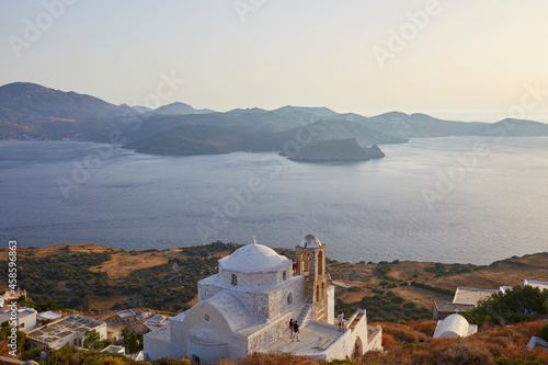 Panagia Thalassitra church from the Plaka castle, Milos island, Greece photo