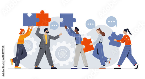 Male and female characters are assembling puzzle parts together on white background. Concept of business teamwork, cooperation, partnership. Flat cartoon vector illustration