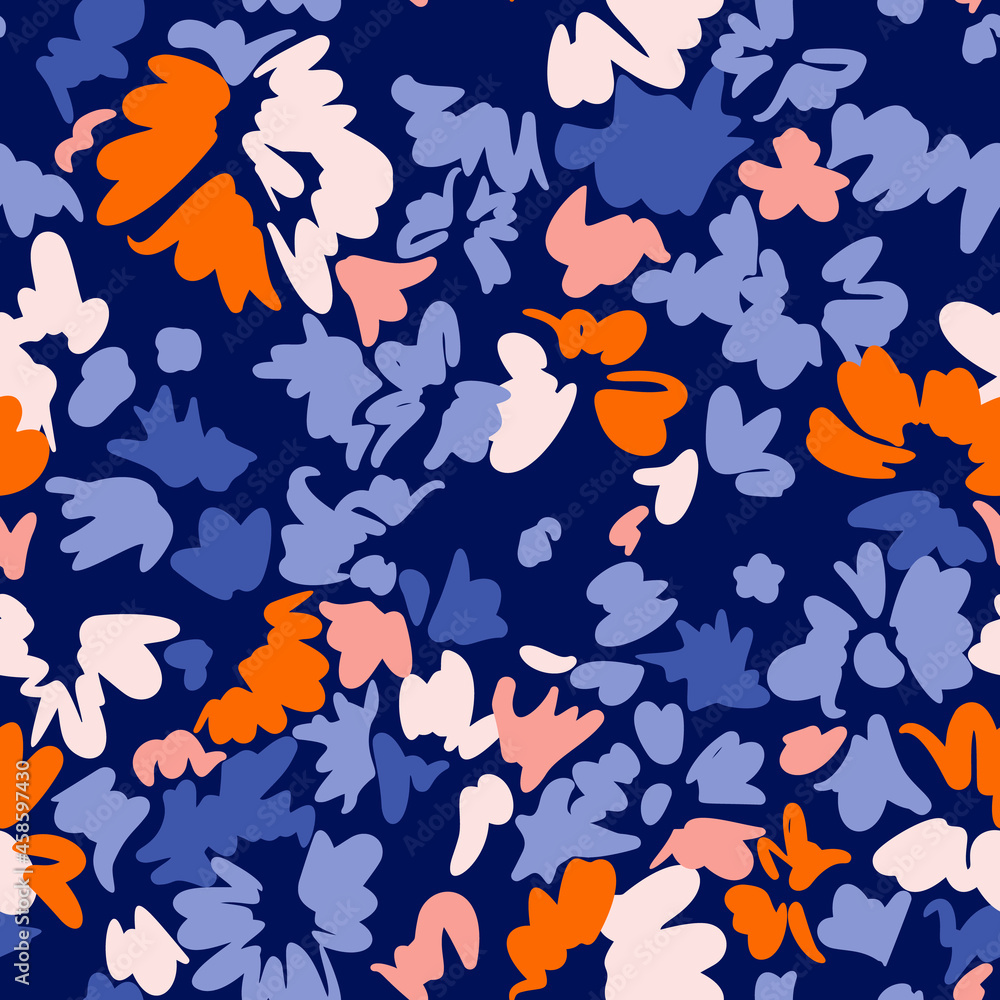 Bright floral seamless pattern. Abstract stylized blooming daisy flowers, leaf and petals. Simple geometric shapes as brush strokes. Sketch flat drawing. Flowers all over print. Bright floral seamless pattern. Abstract stylized blooming daisy flowers, leaf and petals. Simple geometric shapes as brush strokes. Sketch flat drawing. Flowers all over print.