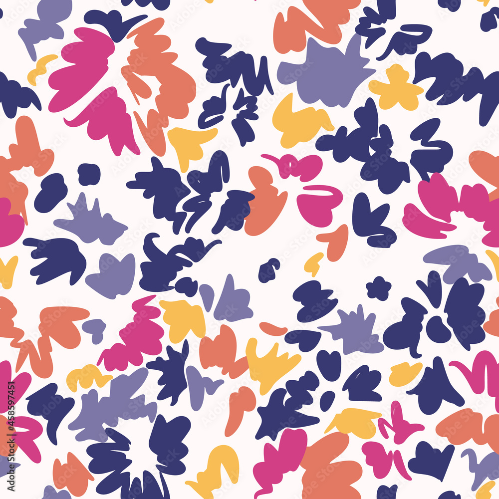 Bright floral seamless pattern. Abstract stylized blooming daisy flowers, leaf and petals. Simple geometric shapes as brush strokes. Sketch flat drawing. Flowers all over print.