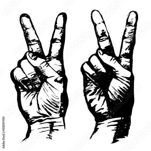 Hand Drawn Gesture Two Fingers Up. Peace and Victory Symbol. Black Contour Vector Illustration Isolated on White.