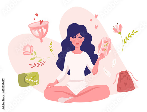 Happy young female character is having a zero waste period on white background. Concept of different feminine hygiene products sanitary napkins, cups. Flat cartoon vector illustration