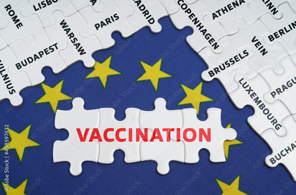 Fototapeta premium The EU flag has city name puzzles and puzzles with the words - vaccination