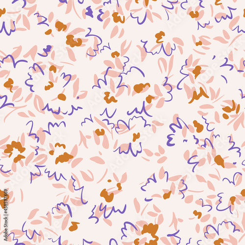 Minimalistic floral seamless pattern. Outline contour lines forming flower petals and buds in bloom. Simple geometric shapes as curved lines and brush strokes. Sketch drawing. Spring nature ornament. © Galakam