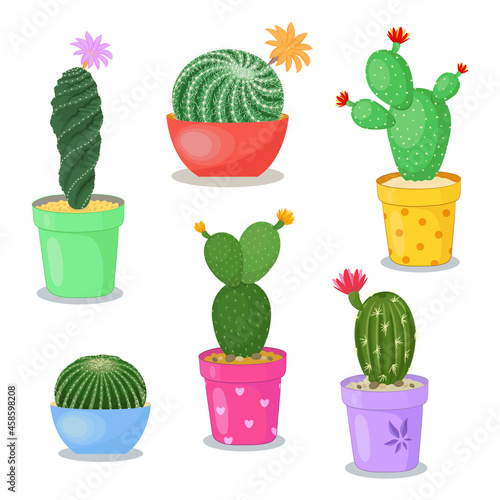 Set of cacti in pots in flat style. Illustration of home plants with spines and flowers.