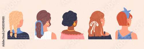 Set of young female characters with different haircuts and accessories on beige background. Women dressed in different clothes. Concept of beauty salon. Flat cartoon vector illustration