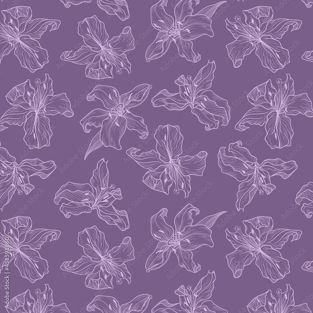 Hand drawn dark lilac lily. Line doodling art. Seamless pattern Hand drawn dark lilac lily. Line doodling art. Seamless pattern