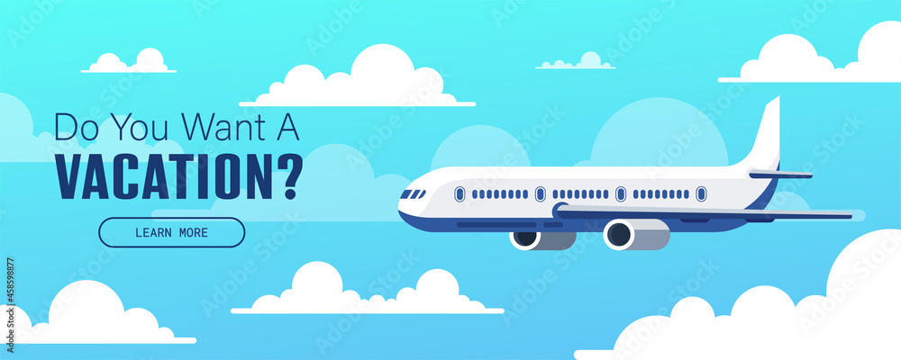 Flying airplane. Banner or flyer for travel and vacation design. Day sky. Vector illustration.