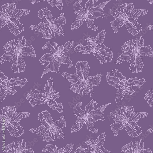 Hand drawn dark lilac lily. Line doodling art. Seamless pattern