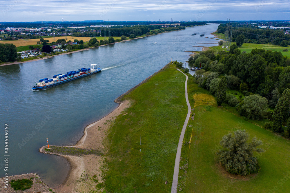 Panoramic view of the Rhine near Leverkusen. Drone photography.