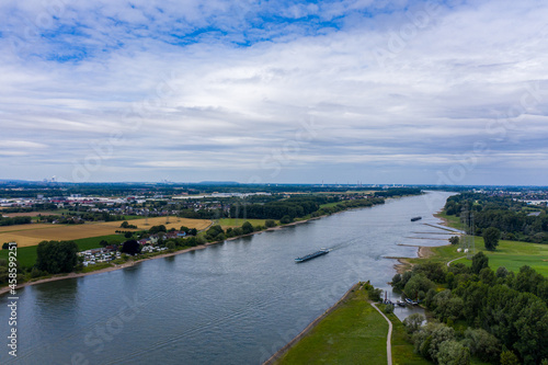 Panoramic view of the Rhine near Leverkusen. Drone photography.