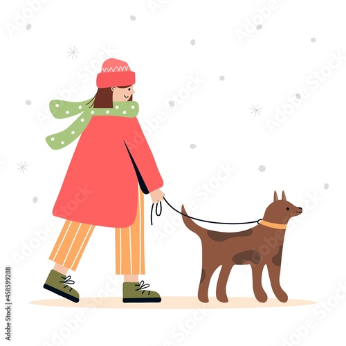 Young woman in a scarf and coat on a walk with the dog. Female character is walking the dog. Girl on a walk in winter weather. Cute illustration. Vector on white isolated background.