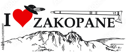 Obraz na płótnie Zakopane, I love zakopane, Tatry, Giewont, miasto, góry, góralski, folklor góralski, parzenica, ciupaga, w salonie