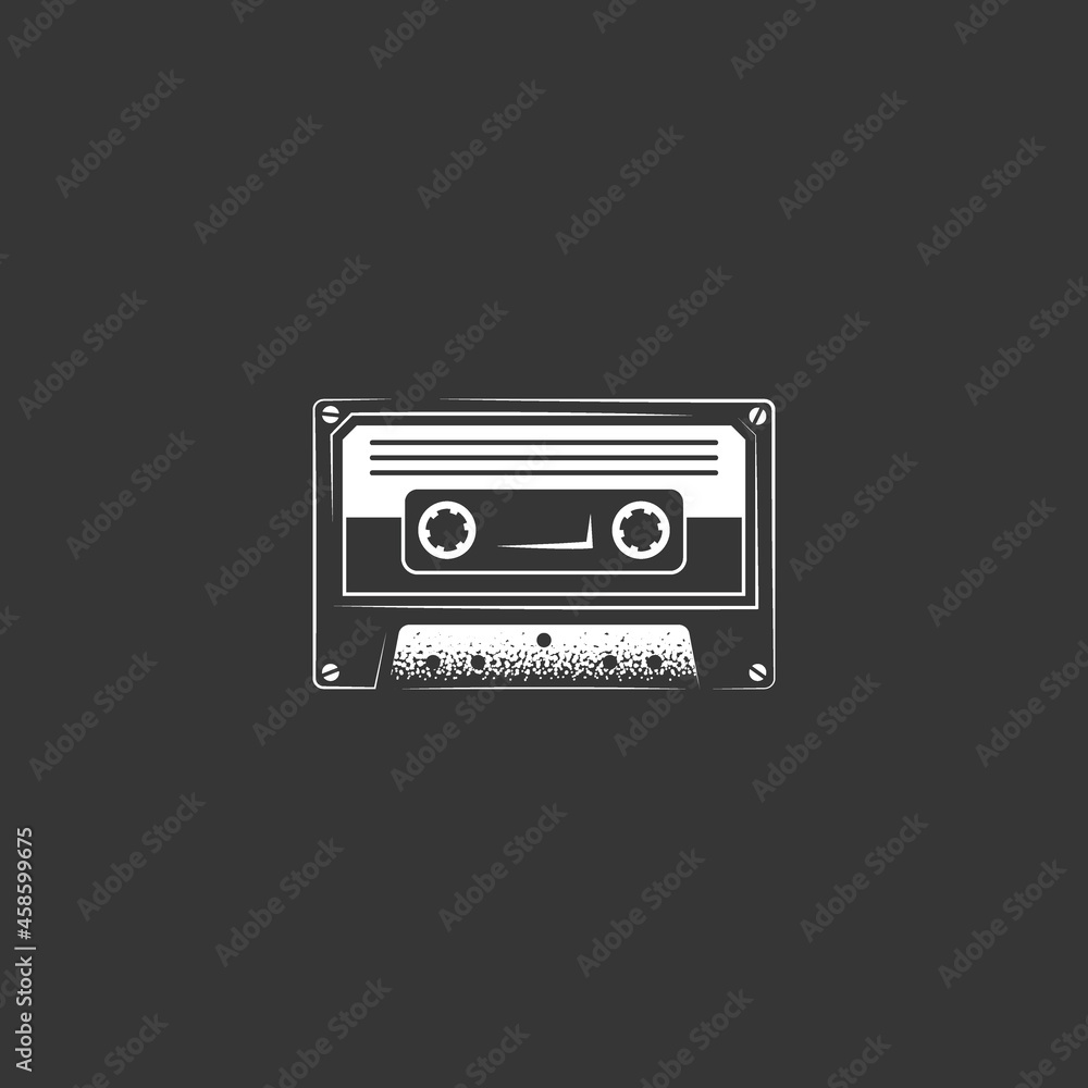 An icon of an old audio cassette in vintage style on a black background. Vector illustration.